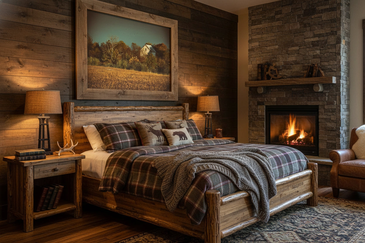 Abandoned Barn In The Trees -Aged Colorized Custom Framed Wall Art Print in Lodge Style Bedroom