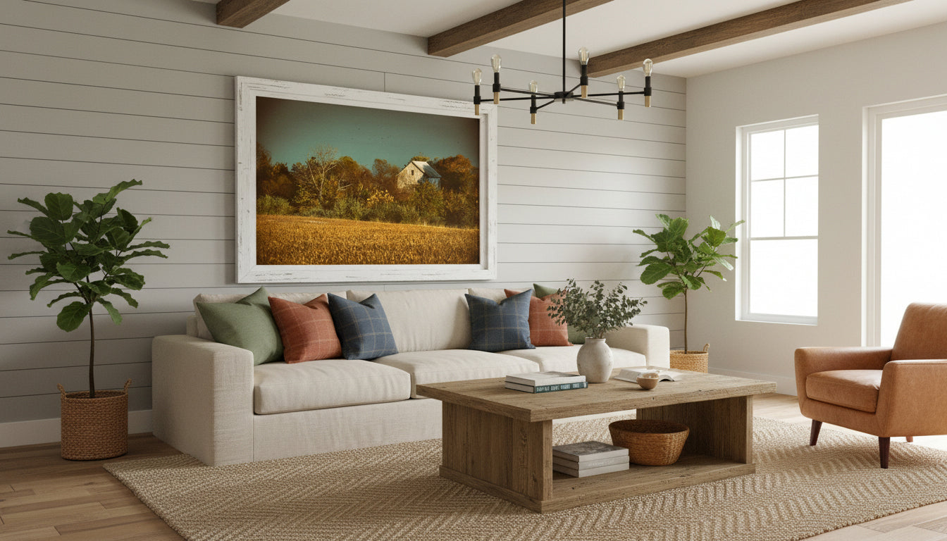 Abandoned Barn In The Trees -Aged Colorized Custom Framed Wall Art Print in Modern Farmhouse Style Living Room 1