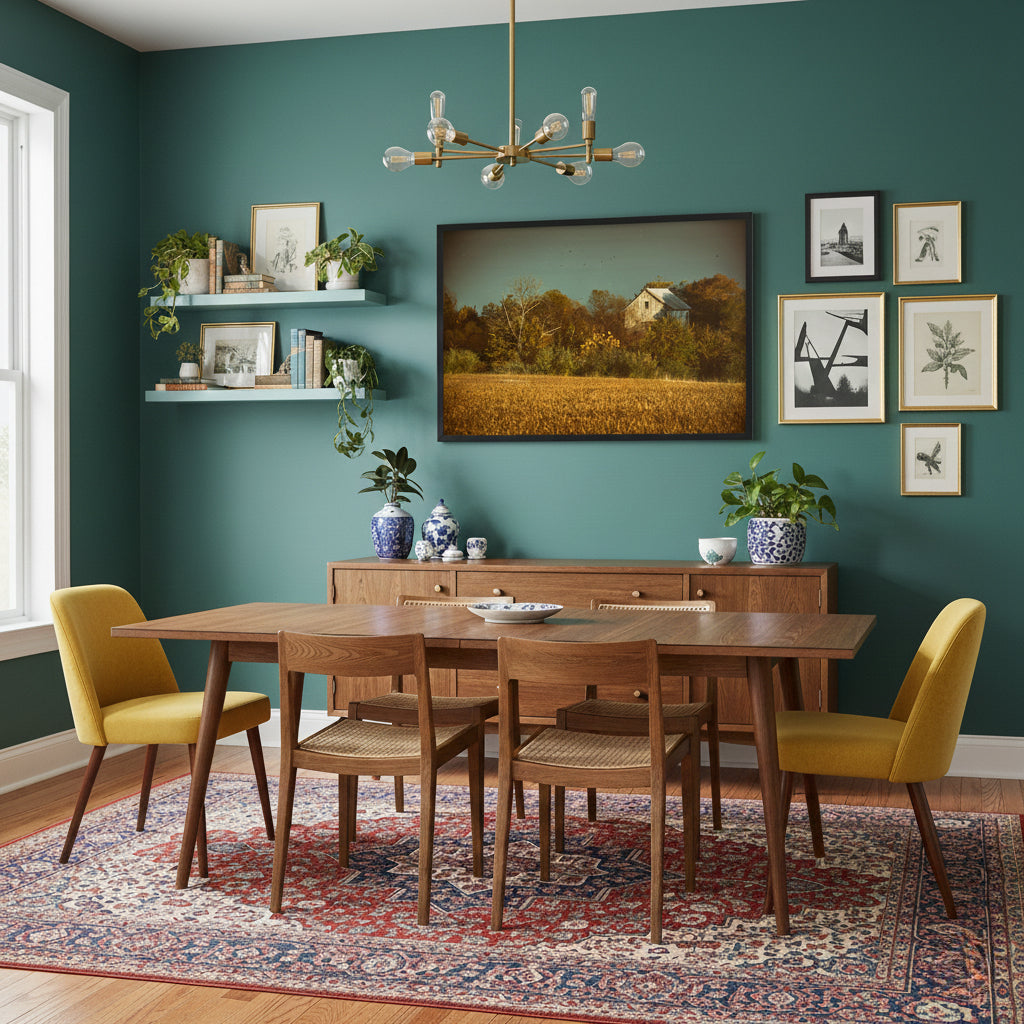 Abandoned Barn In The Trees -Aged Colorized Framed Wall Art Print in Eclectic Style Dining Room