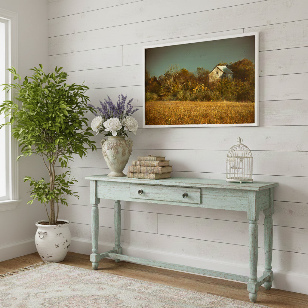 Abandoned Barn In The Trees -Aged Colorized Framed Wall Art Print in Shabby Chic Style Entryway