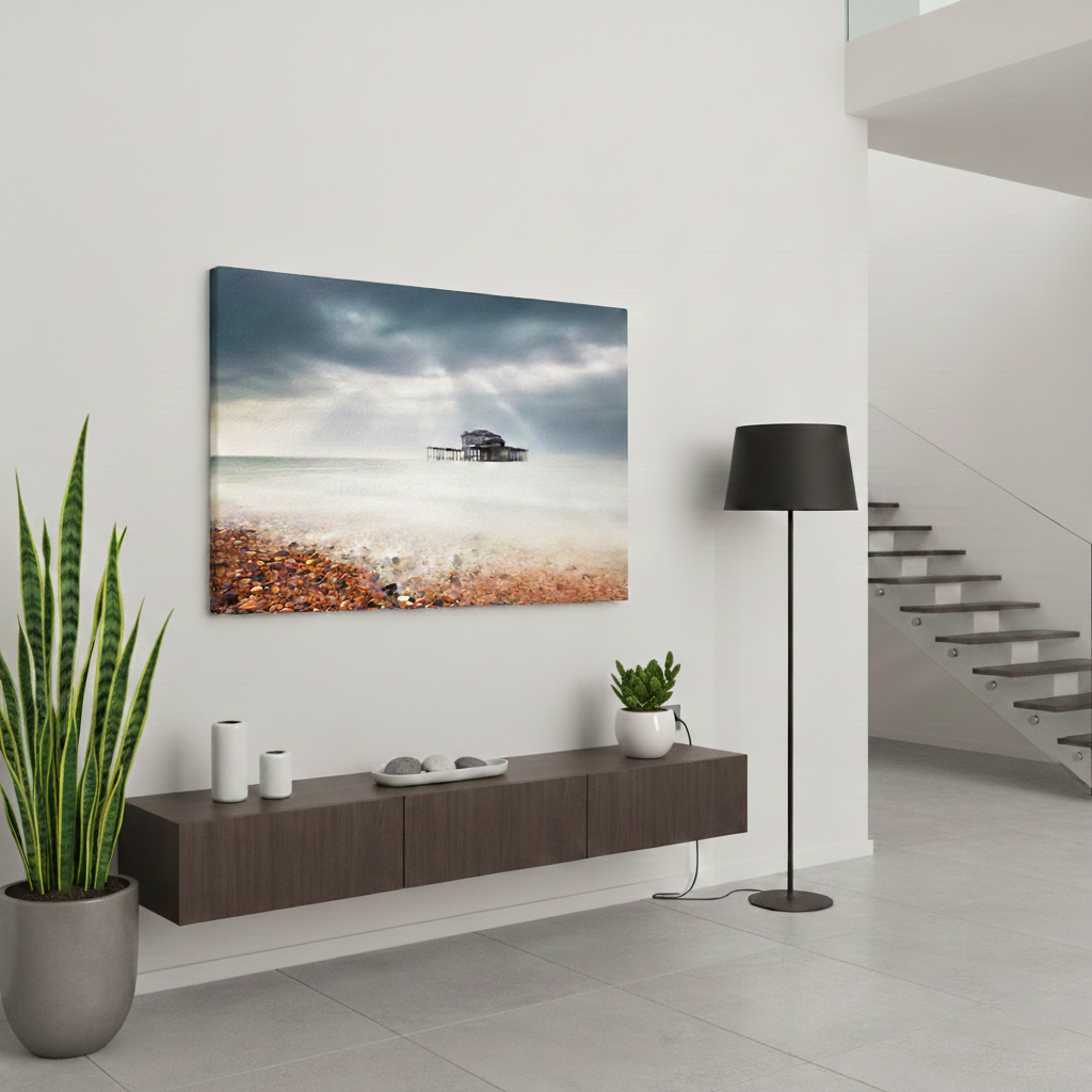 Abandoned West Pier Vintage Gentle Touch Effect Landscape Photo on Canvas in Contemporary Style Foyer