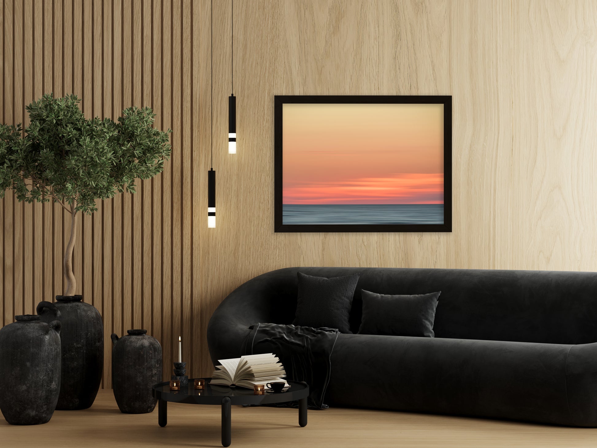 living room art for walls, Pink Coastal Wall Art: Abstract Color Blend Ocean Sunset - Coastal / Beach / Seascape / Nature / Landscape Photo Framed Wall Art Print - Artwork - Wall Decor