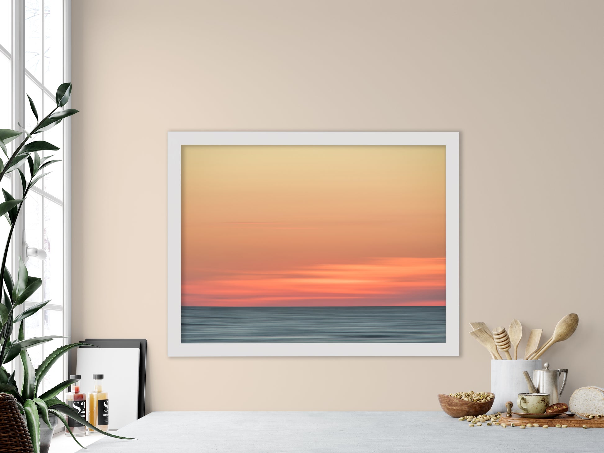 kitchen wall accents, Pink Coastal Wall Art: Abstract Color Blend Ocean Sunset - Coastal / Beach / Seascape / Nature / Landscape Photo Framed Wall Art Print - Artwork - Wall Decor