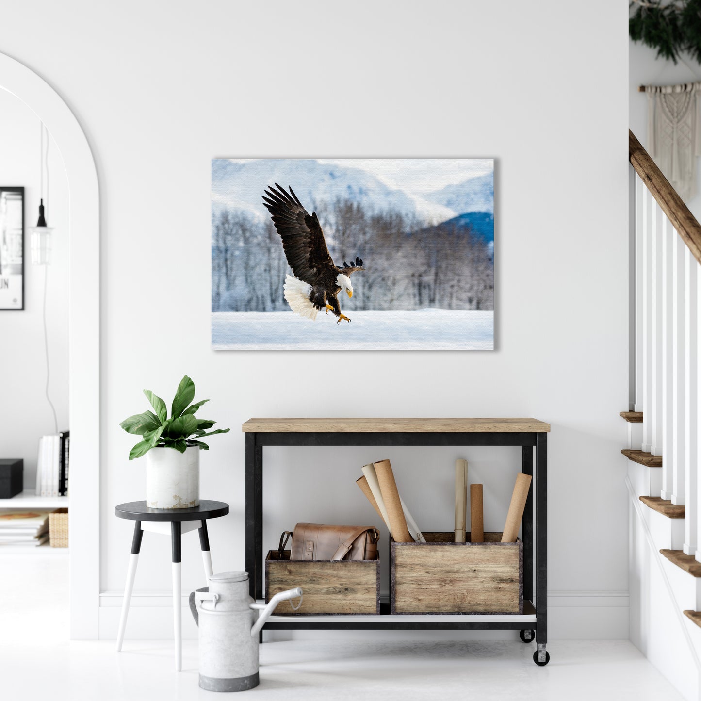 wildlife prints on canvas, Adult Bald Eagle and Alaskan Winter Photograph Wall Artwork Prints