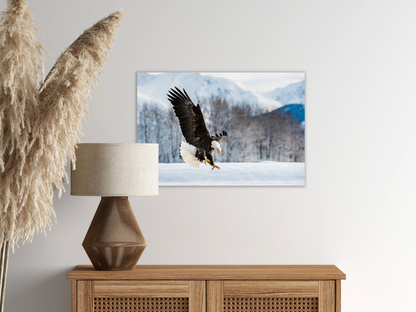 wildlife canvas prints for sale, Adult Bald Eagle and Alaskan Winter Photograph Wall Artwork Prints