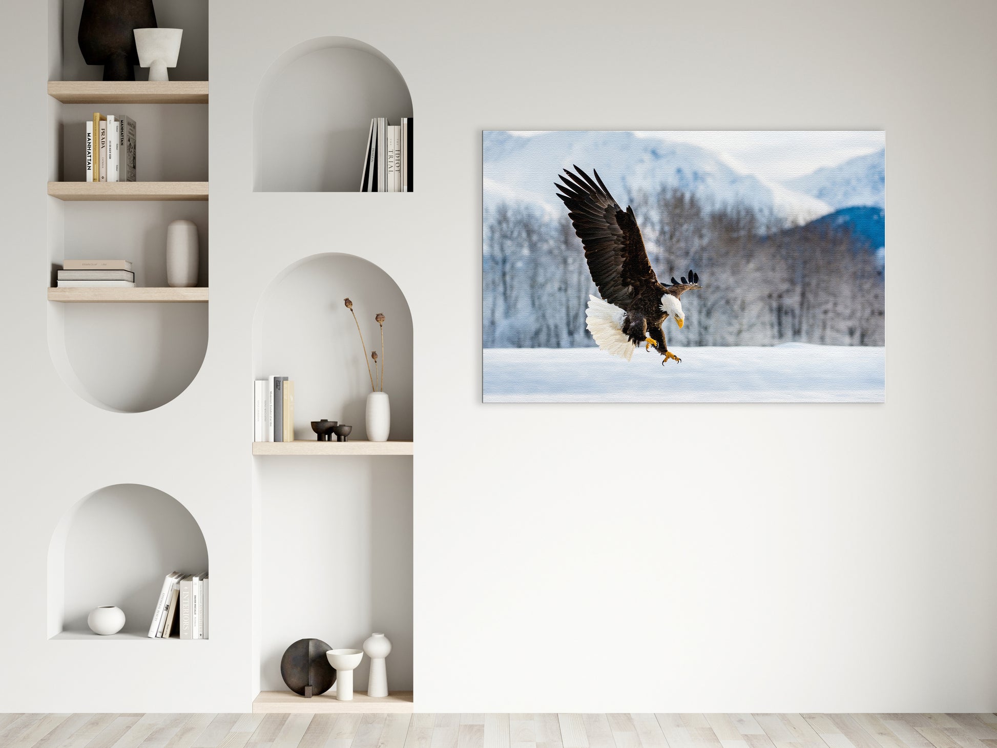 wildlife canvas wall art, Adult Bald Eagle and Alaskan Winter Photograph Wall Artwork Prints