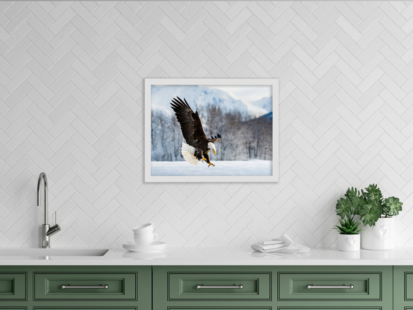art decor kitchen, Adult Bald Eagle and Alaskan Winter Animal Wildlife Photograph Framed Wall Art Print