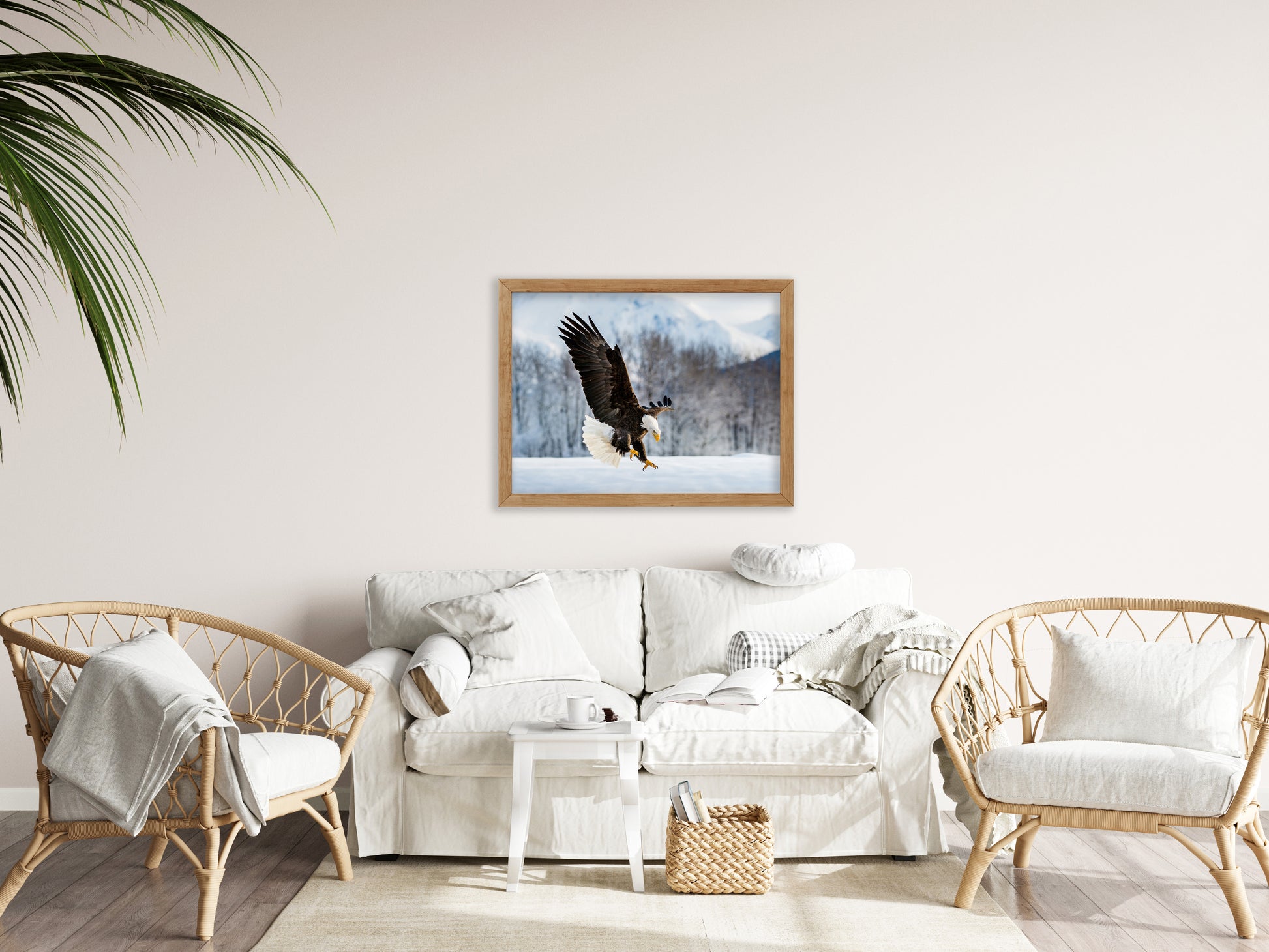 behind couch wall decor, Adult Bald Eagle and Alaskan Winter Animal Wildlife Photograph Framed Wall Art Print