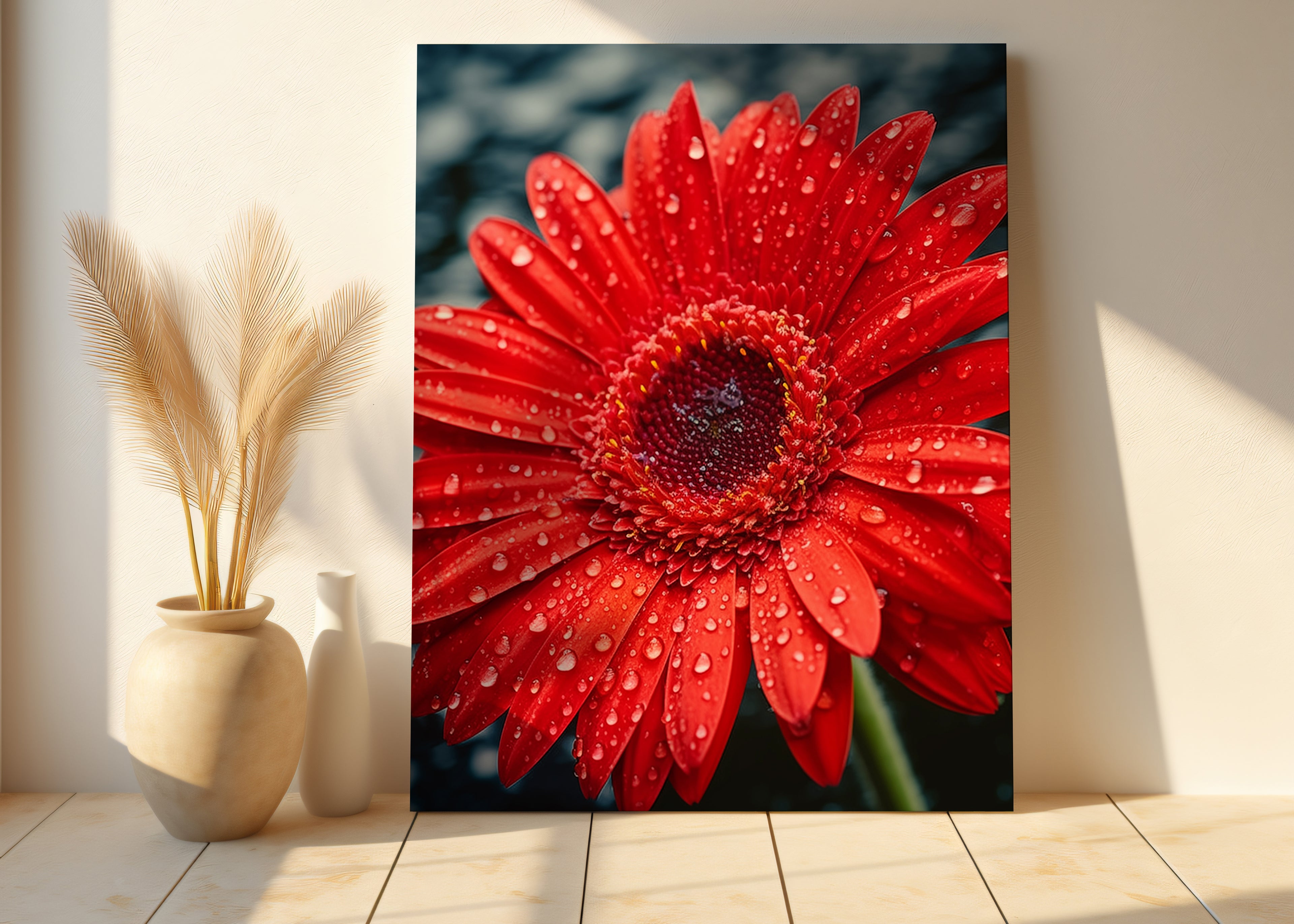 After the Rain Gerbera Daisy Photorealistic Floral Digital Artwork Downloadable Printable Art in Living Room Setting