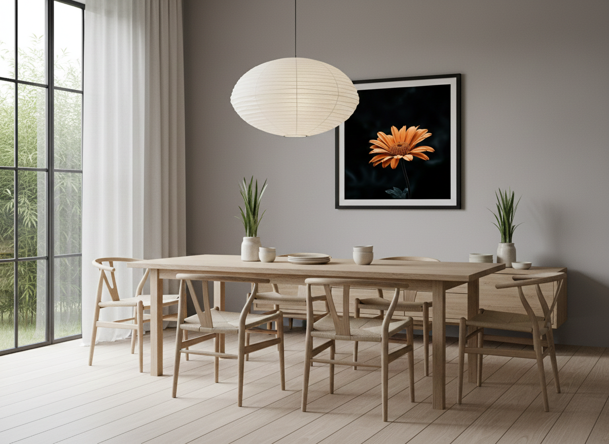 Amber Embrace Orange Color Floral Photorealistic Digital Artwork in Japandi Style Open-Concept Dining Room