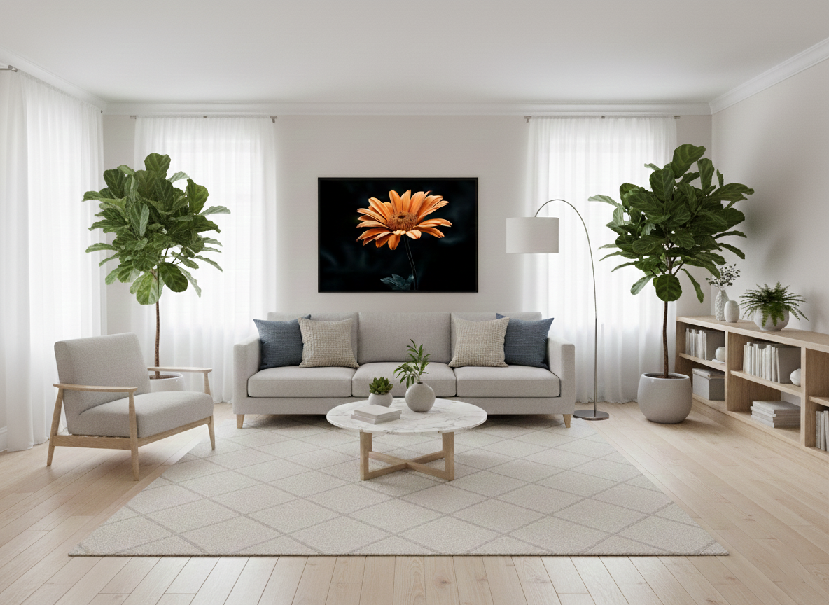 Amber Embrace Orange Color Floral Photorealistic Digital Artwork in Scandinavian Style Formal Living Room