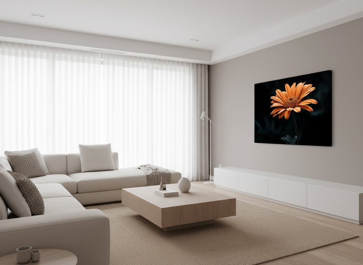Amber Embrace  Realism Painting Orange Color Floral Photorealistic Digital Artwork Canvas Print in Contemporary Living Room Setting