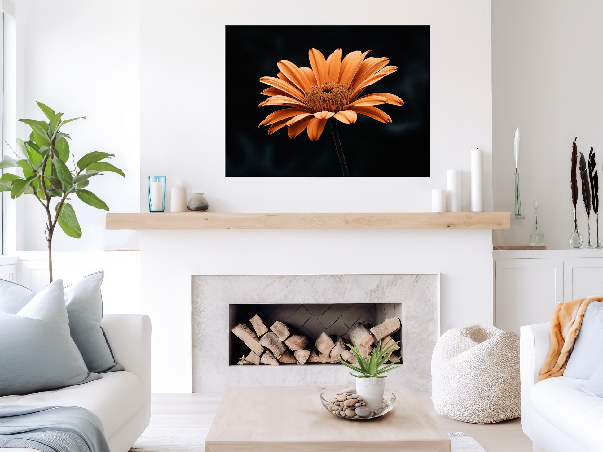 Amber Embrace  Realism Painting Orange Color Floral Photorealistic Digital Artwork Canvas Print in Living Room Setting