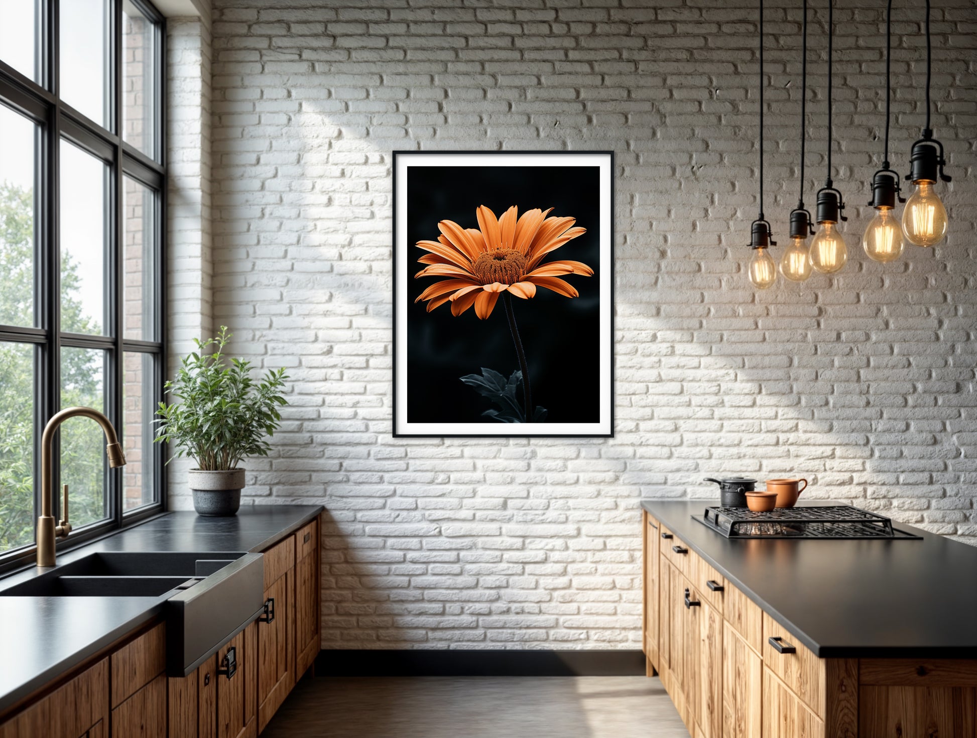 Amber Embrace  Realism Painting Orange Color Floral Photorealistic Digital Artwork Downloadable Printable Art in Kitchen Setting