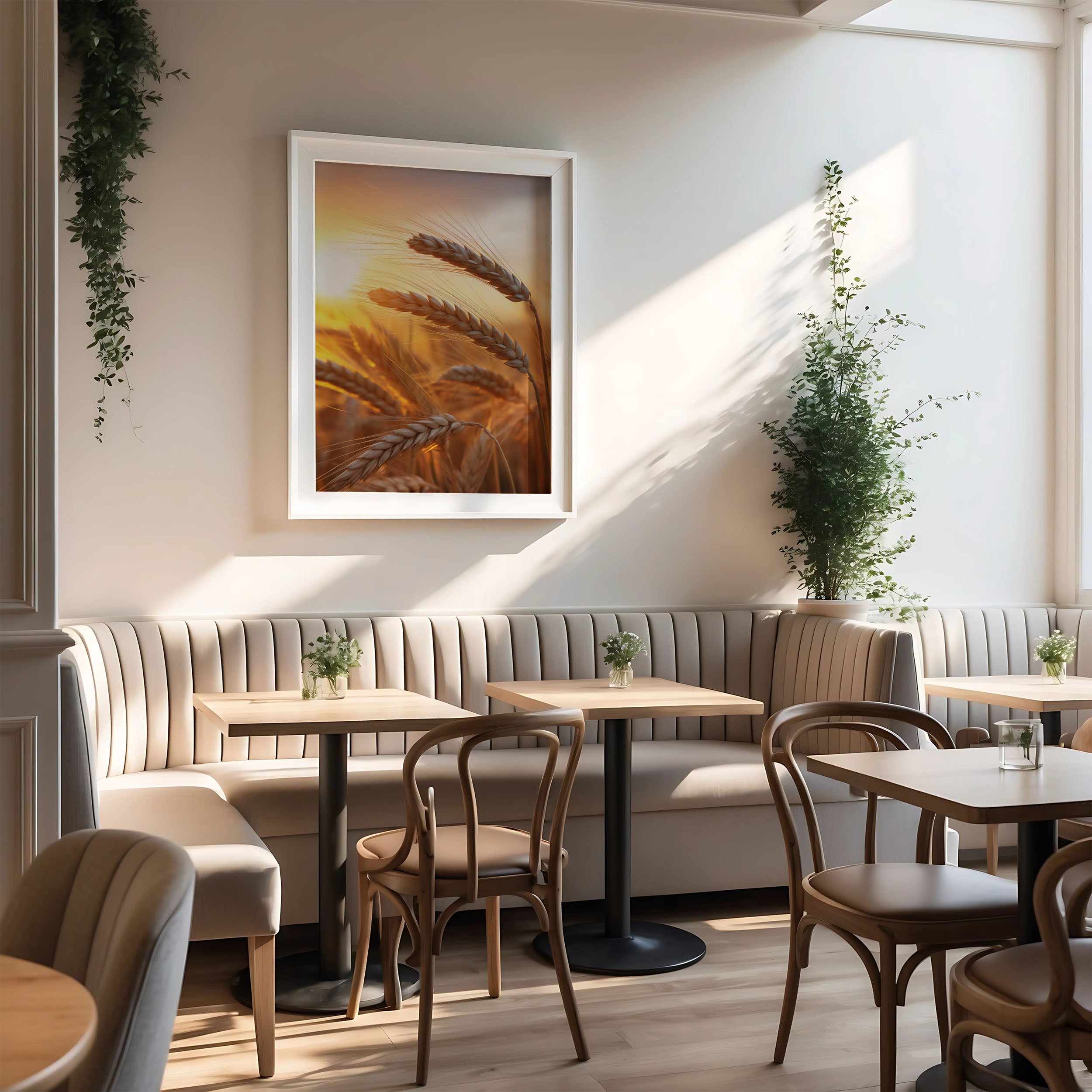 Amber Waves Minimal Botanical  Rustic Subdued Wheat Crops Photorealism Wall Art Print in Cafe Setting