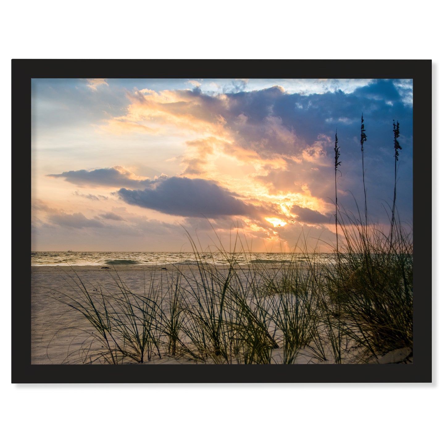 Beach Art Prints Framed: Anna Maria Island Cloudy Beach Sunset 2 - Coastal / Beach / Seascape / Nature / Landscape Photo Framed Wall Art Print - Artwork