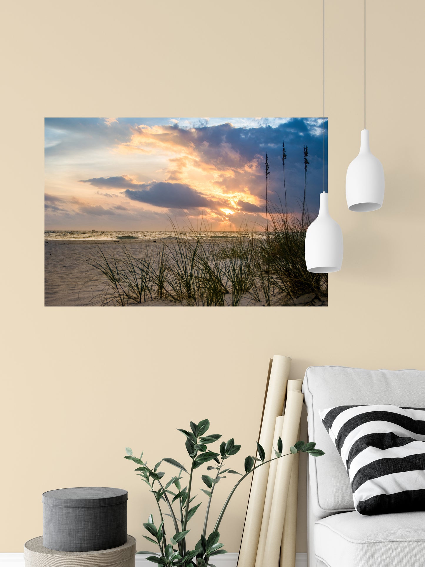 Beach Sunset Poster: Peaceful Cloudy Sunset on Beach - Coastal / Seascape / Nature / Landscape Photograph Loose / Unframed / Frameless / Frameable Wall Art Print - Artwork