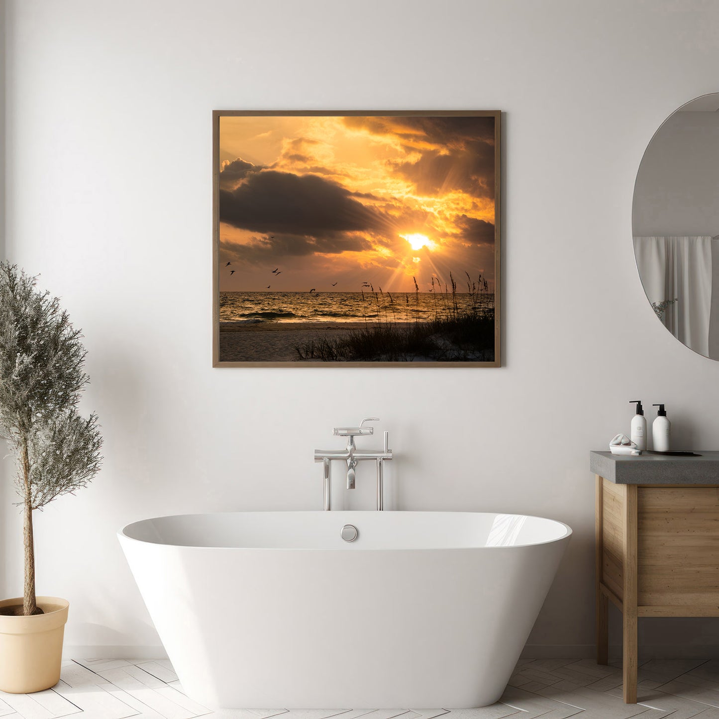 Anna Maria Island Cloudy Beach Sunset 1 Coastal Landscape Photograph in Bathroom Setting