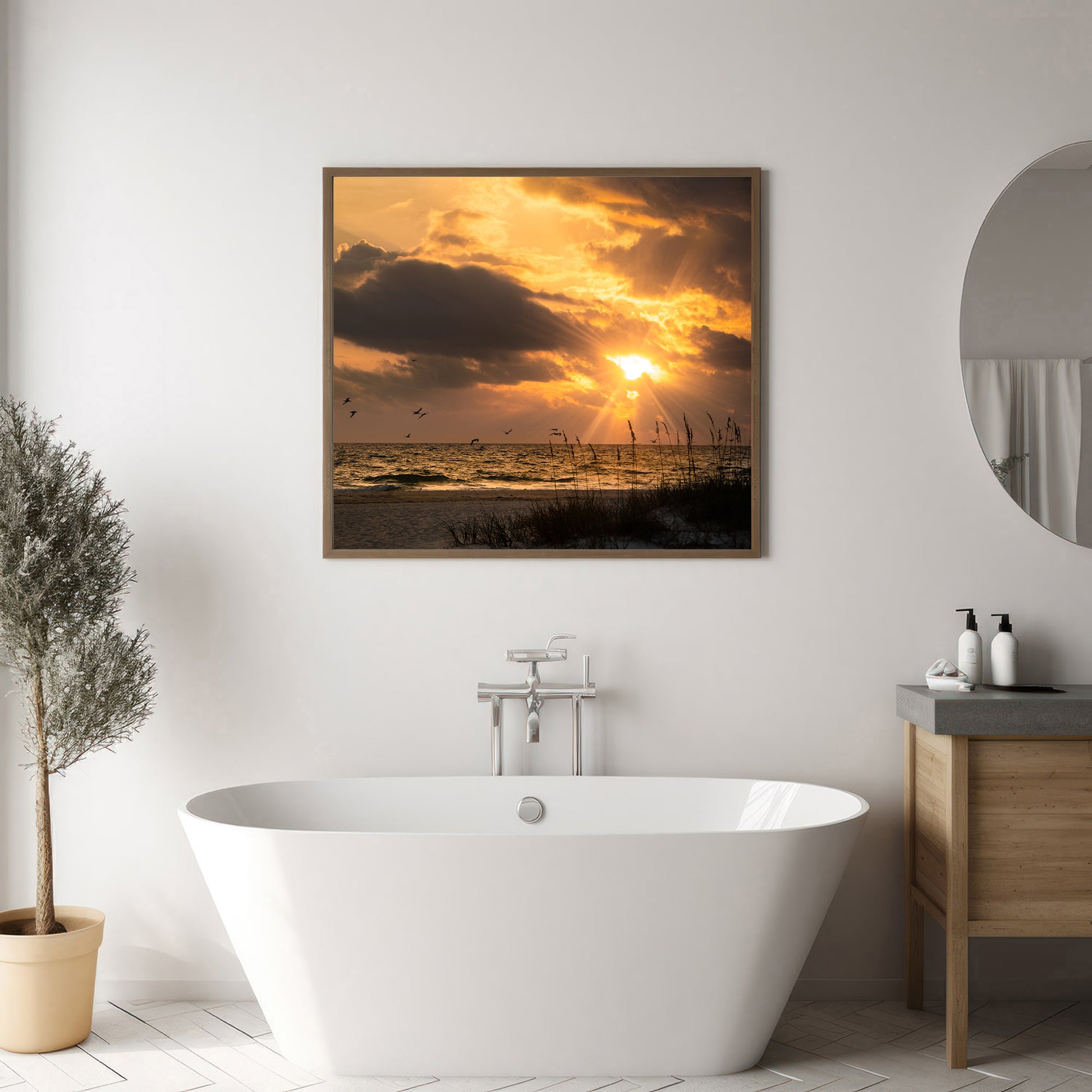 Anna Maria Island Cloudy Beach Sunset 1 Coastal Landscape Photograph in Bathroom Setting