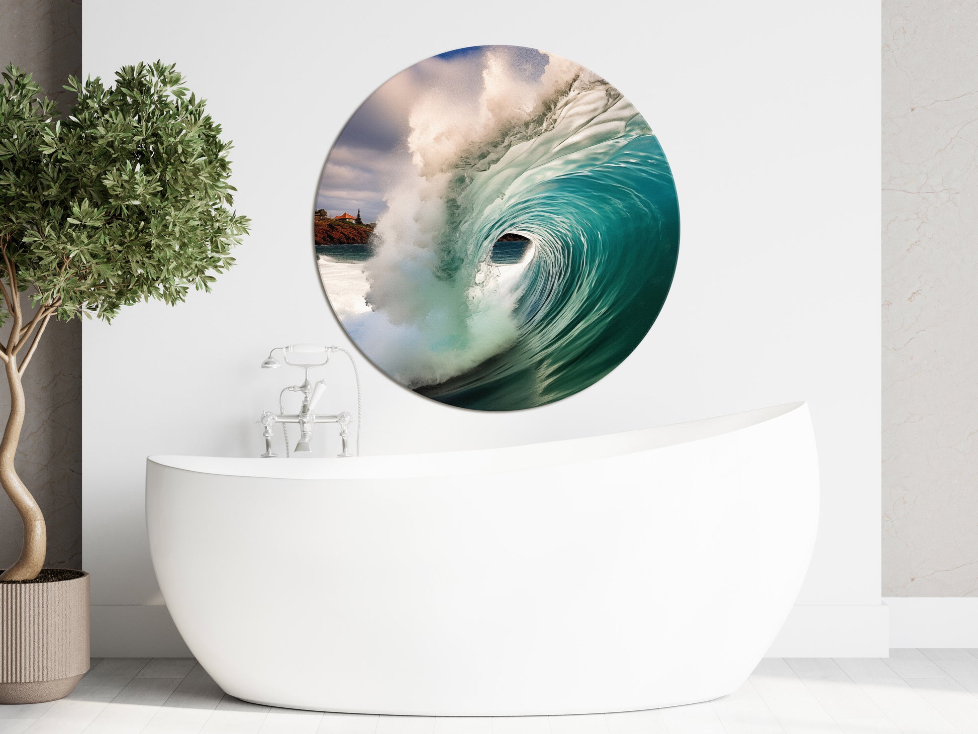 Aqua Embrace Photorealistic Digital Painting Coastal Wave - Circular Canvas in Bathroom Setting