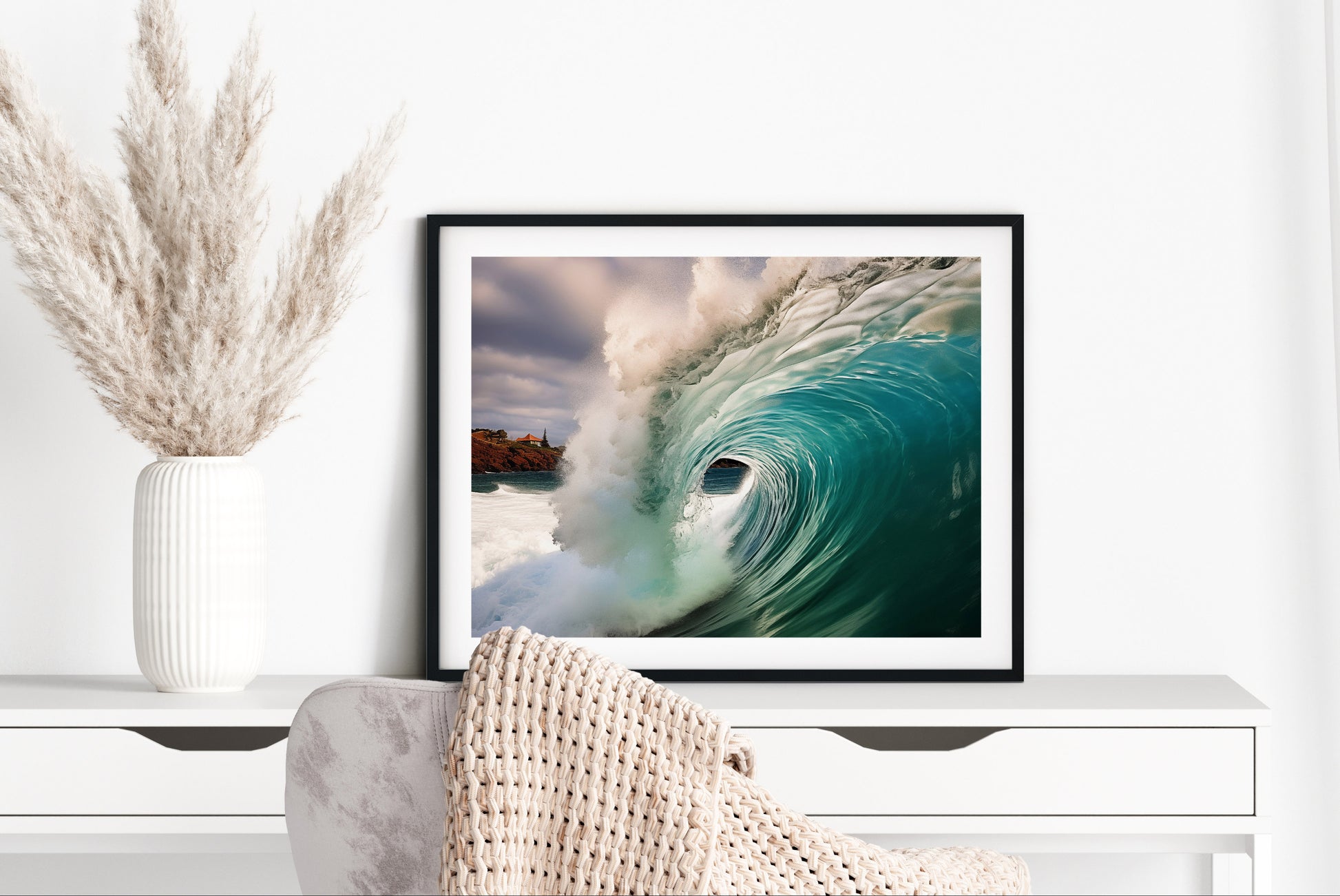 Aqua Embrace Photorealistic Digital Painting Coastal Wave - Framed and Matted in Home Office Setting