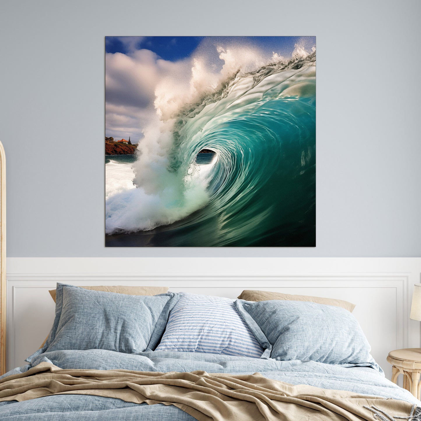 Aqua Embrace Photorealistic Digital Painting Coastal Wave - Square Canvas in Bedroom Setting 1