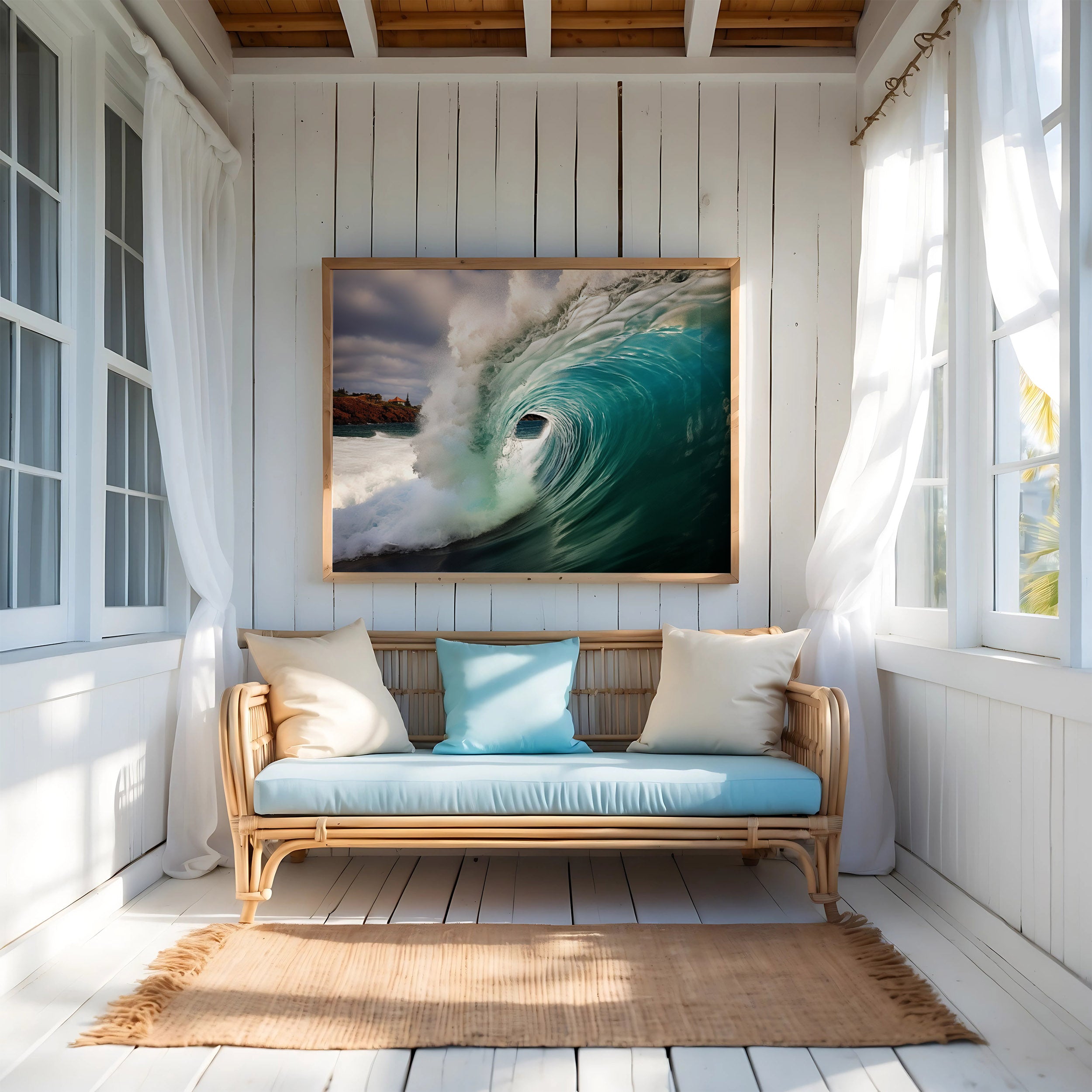 Aqua Embrace Photorealistic Digital Painting Coastal Wave - Square Canvas in Patio Setting