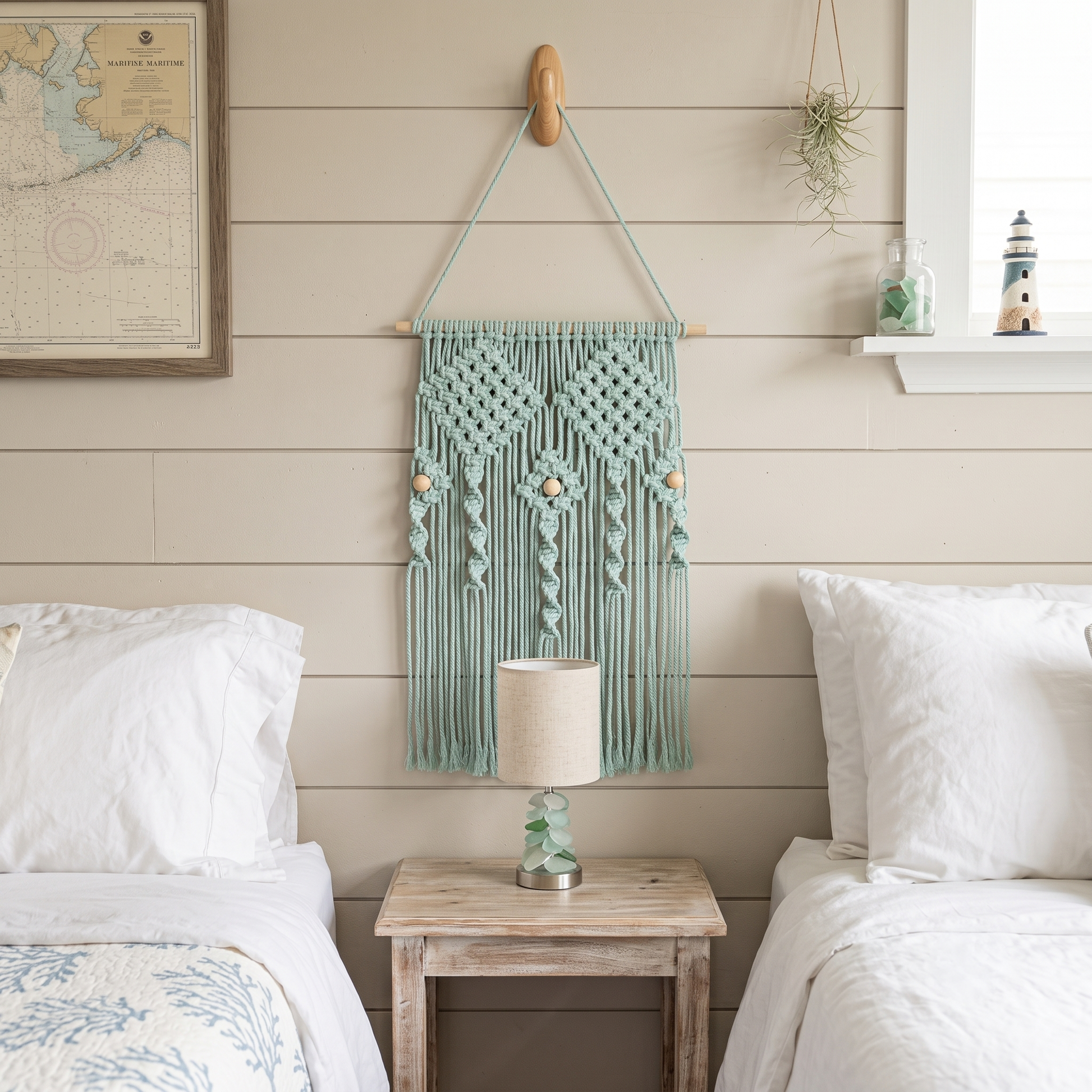 Small Decorative Macrame #22 Aqua Green in Coastal Style Bedroom