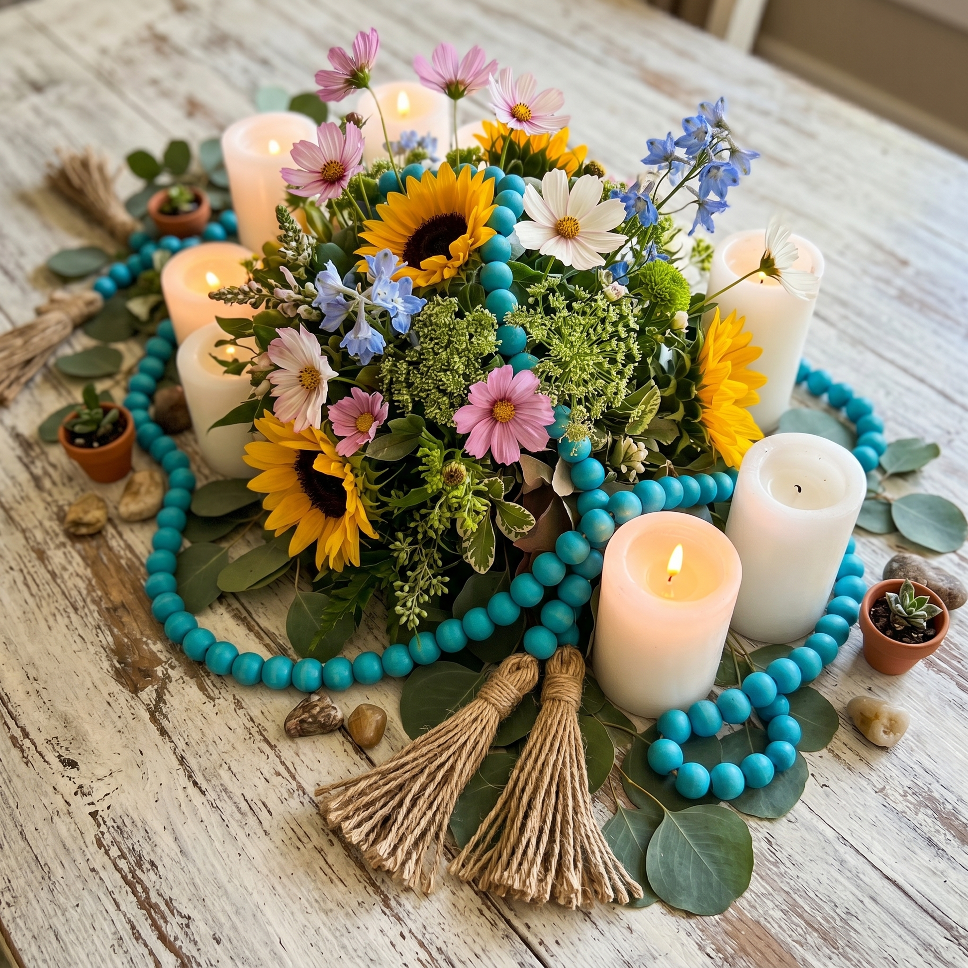 Aquamarine Wood Bead Garland in Rustic Coastal Dining Room in a centerpiece on the table