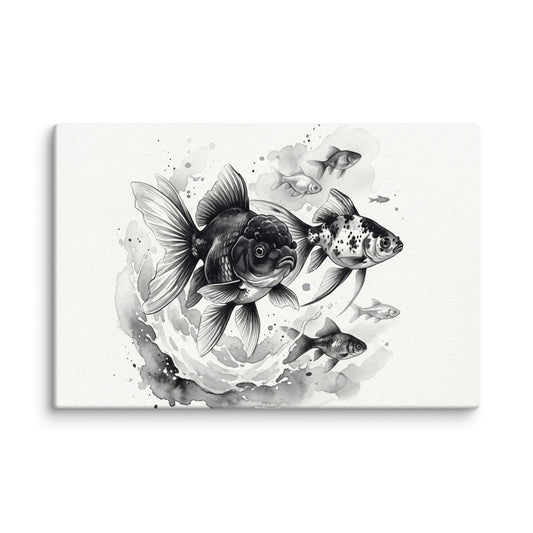 Aquatic Harmony Black and White Fish Wall Art Fish Watercolor Painting Digital Artwork Canvas Wall Art Print