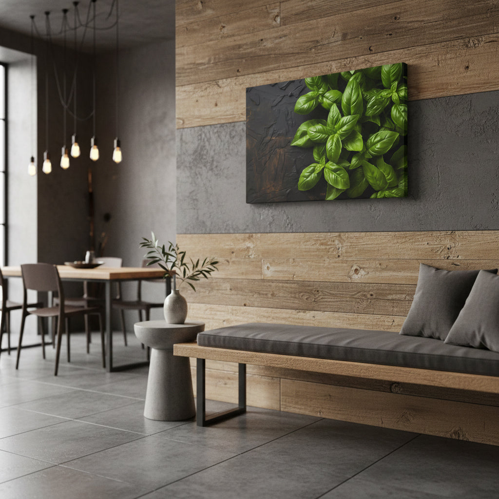 Aromatic Allure Photorealistic Digital Artwork Canvas in Rustic Modern Restaurant