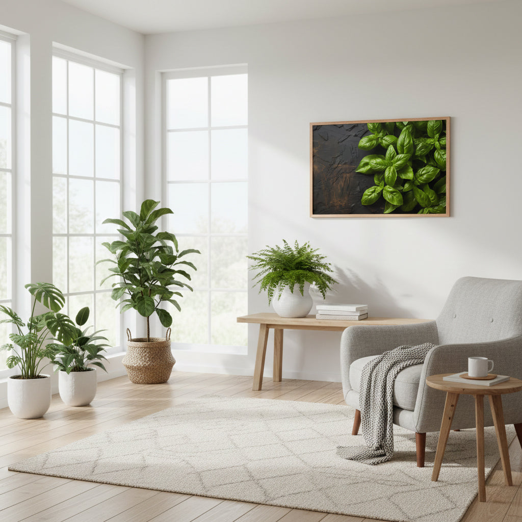 Aromatic Allure Photorealistic Digital Artwork Framed in Scandinavian Style Sunroom