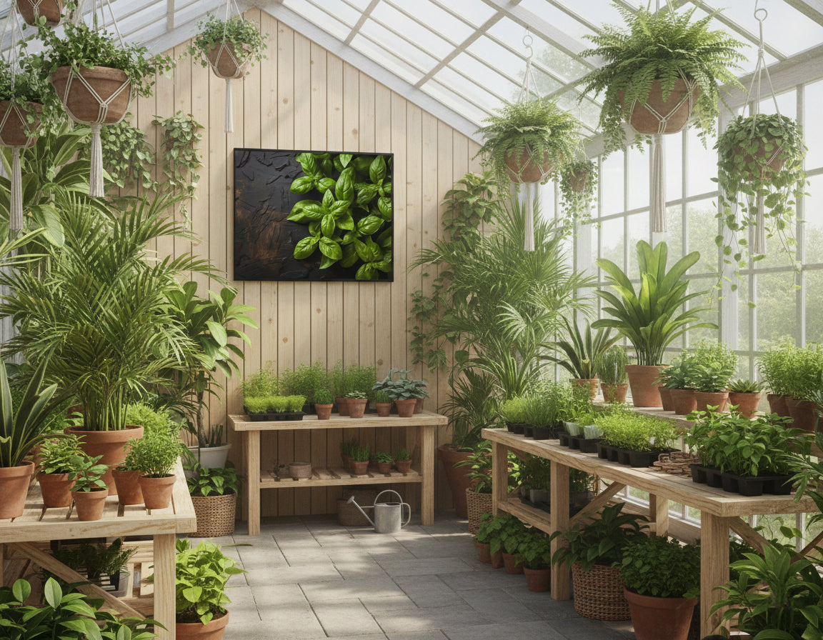 Aromatic Allure Photorealistic Digital Artwork Loose Custom Framed in Biophilic Style Greenhouse