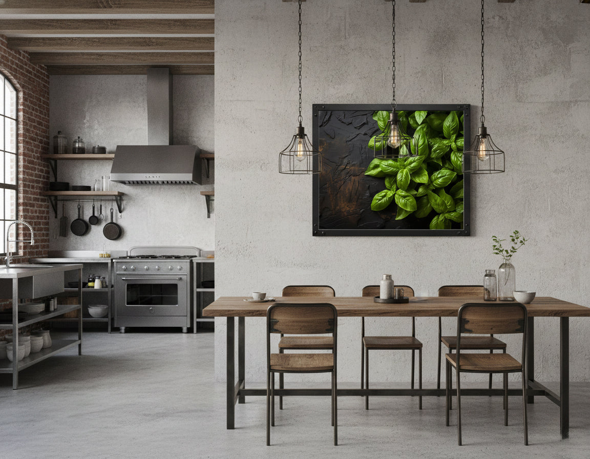 Aromatic Allure Photorealistic Digital Artwork Loose Custom Framed in Industrial Style Kitchen and Dining Area