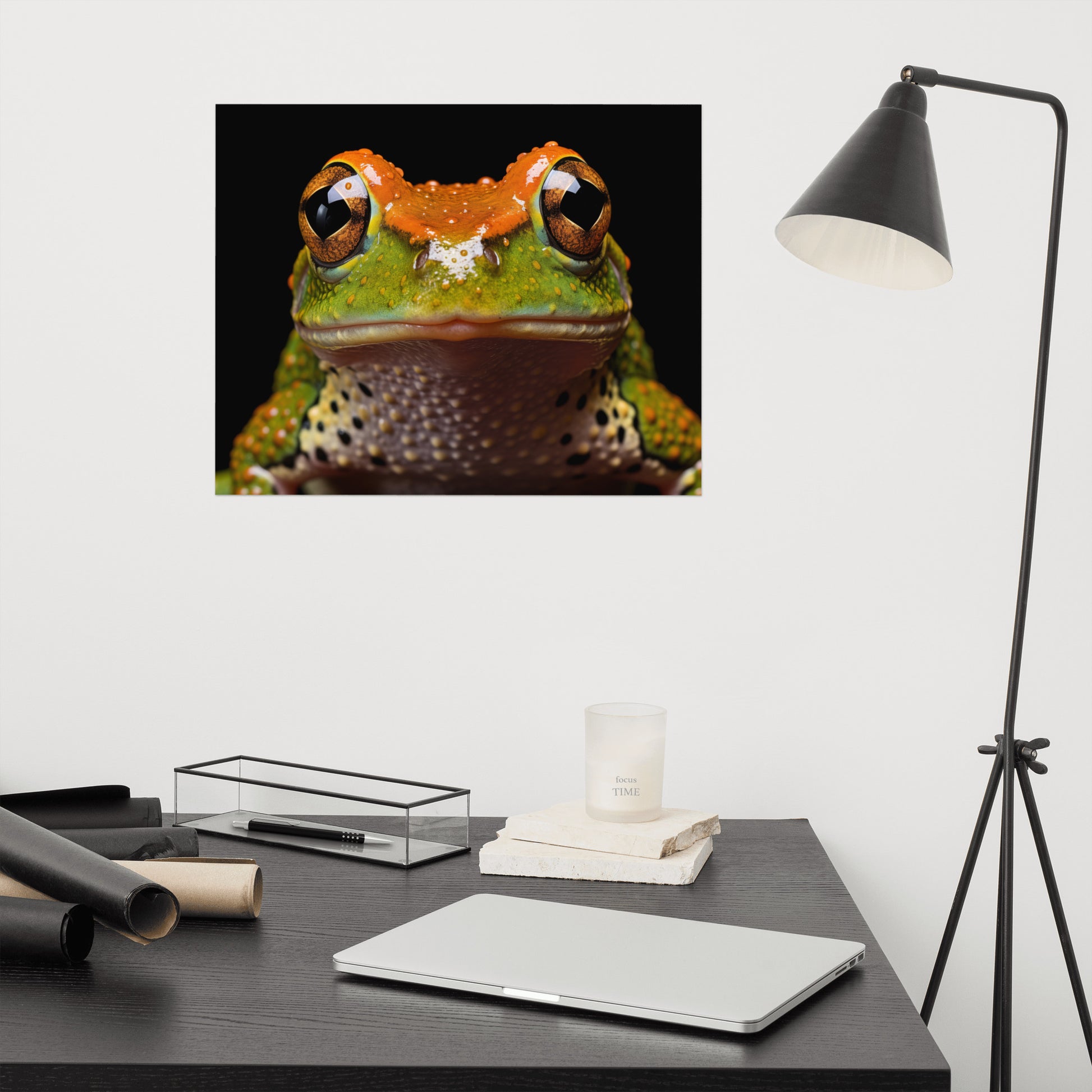 Art Wall in Living Room: Amphibian Enigma Neobatrachia Frog Close-up Photorealism Painting - Digital Artwork Frameable Art Print