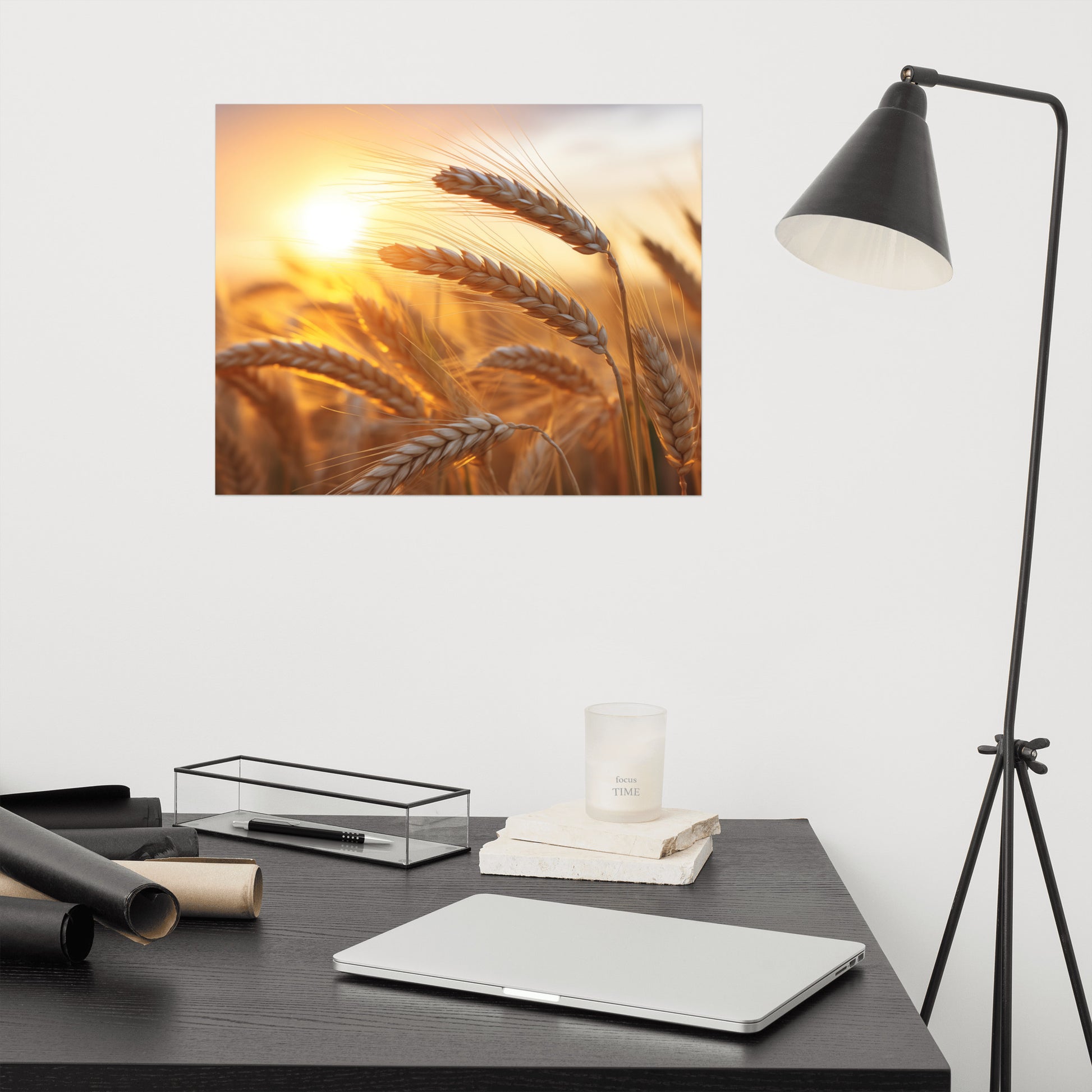 Art of Living Room: Amber Waves Minimal Botanical Rustic Subdued Wheat Crops Photorealism Painting - Digital Artwork Frameable Art Print
