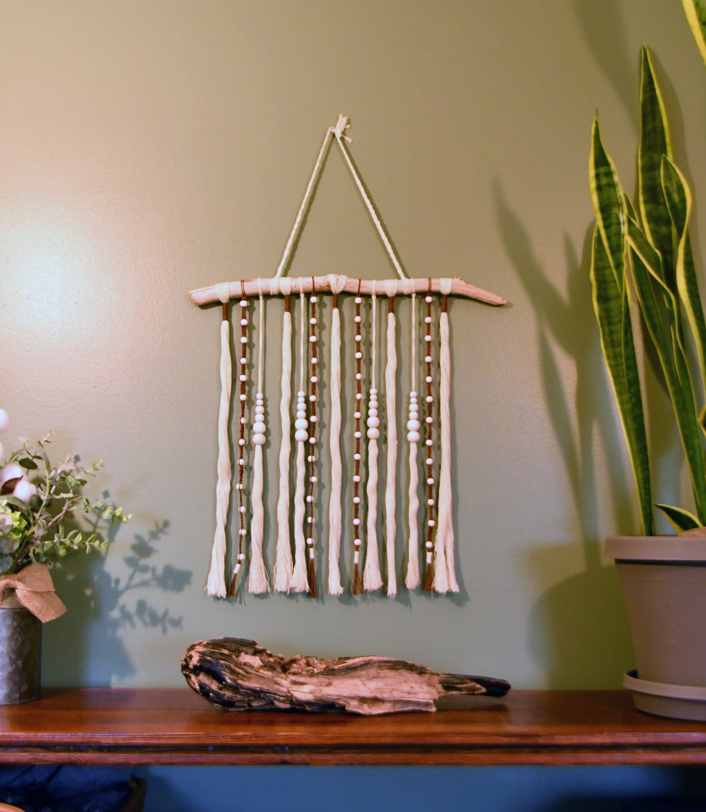 Artisanal Macramé and Driftwood Wall Hanging Texture Wall Art in bedroom setting