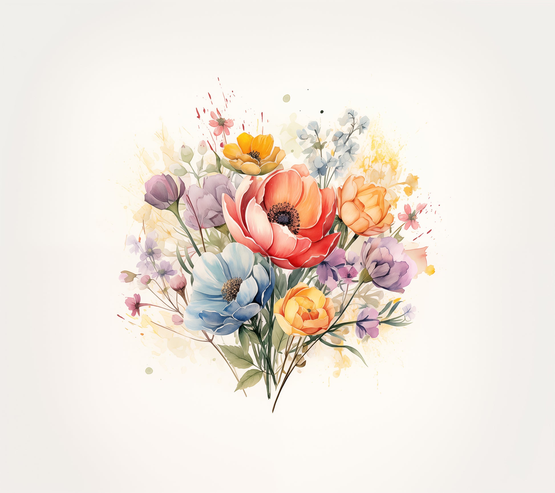 Artwork For Toilet Wall: Abstract Floral Watercolor Colorful Bouquet Painting - Digital Artwork Frameless Print