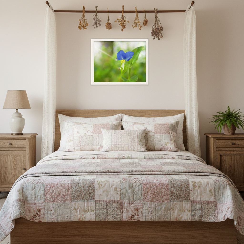 Asiatic Dayflower Nature Photograph Wall Art Print Framed in Cottagecore Style Bedroom