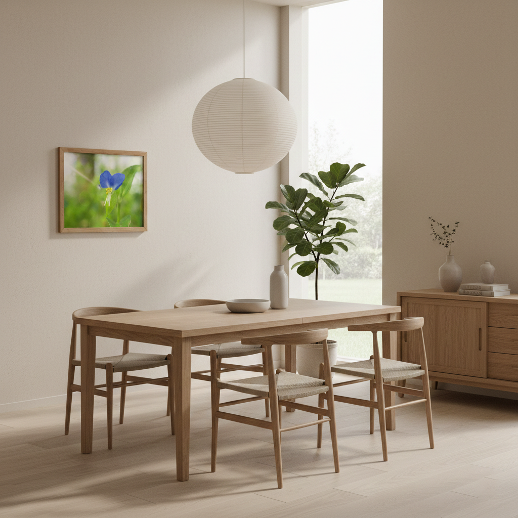 Asiatic Dayflower Nature Photograph Wall Art Print Framed in Japandi Style Dining Room