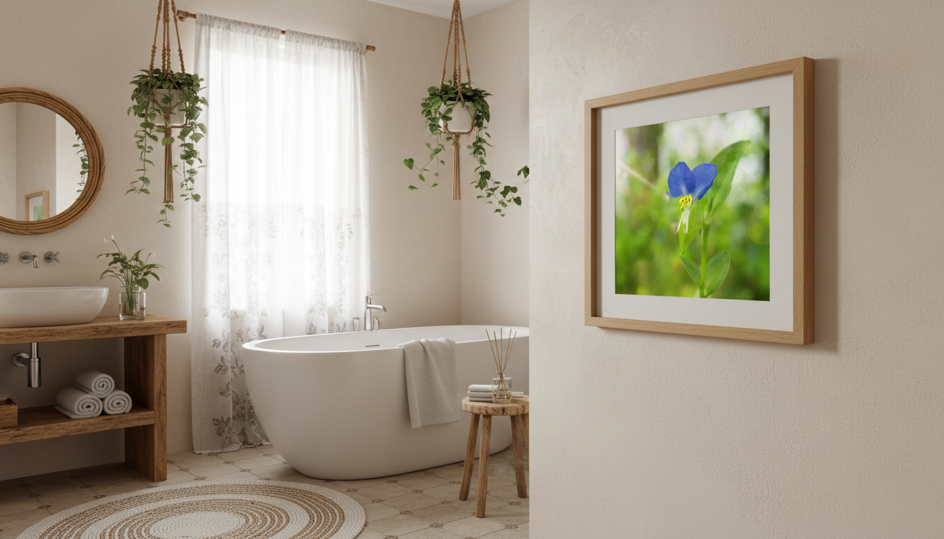 Asiatic Dayflower Nature Photograph Wall Art Print in Boho Style Bathroom