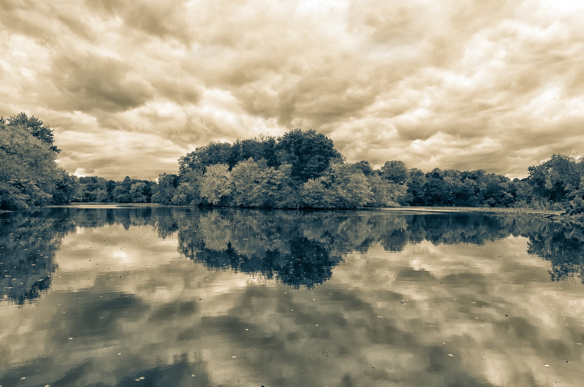 Prints For Wall Decor: Fall Trees on Edge of Pond With Stormy Sky Split Tone - Rural / Country Style Landscape / Nature Loose / Unframed / Frameless / Frameable Photograph Wall Art Print - Artwork