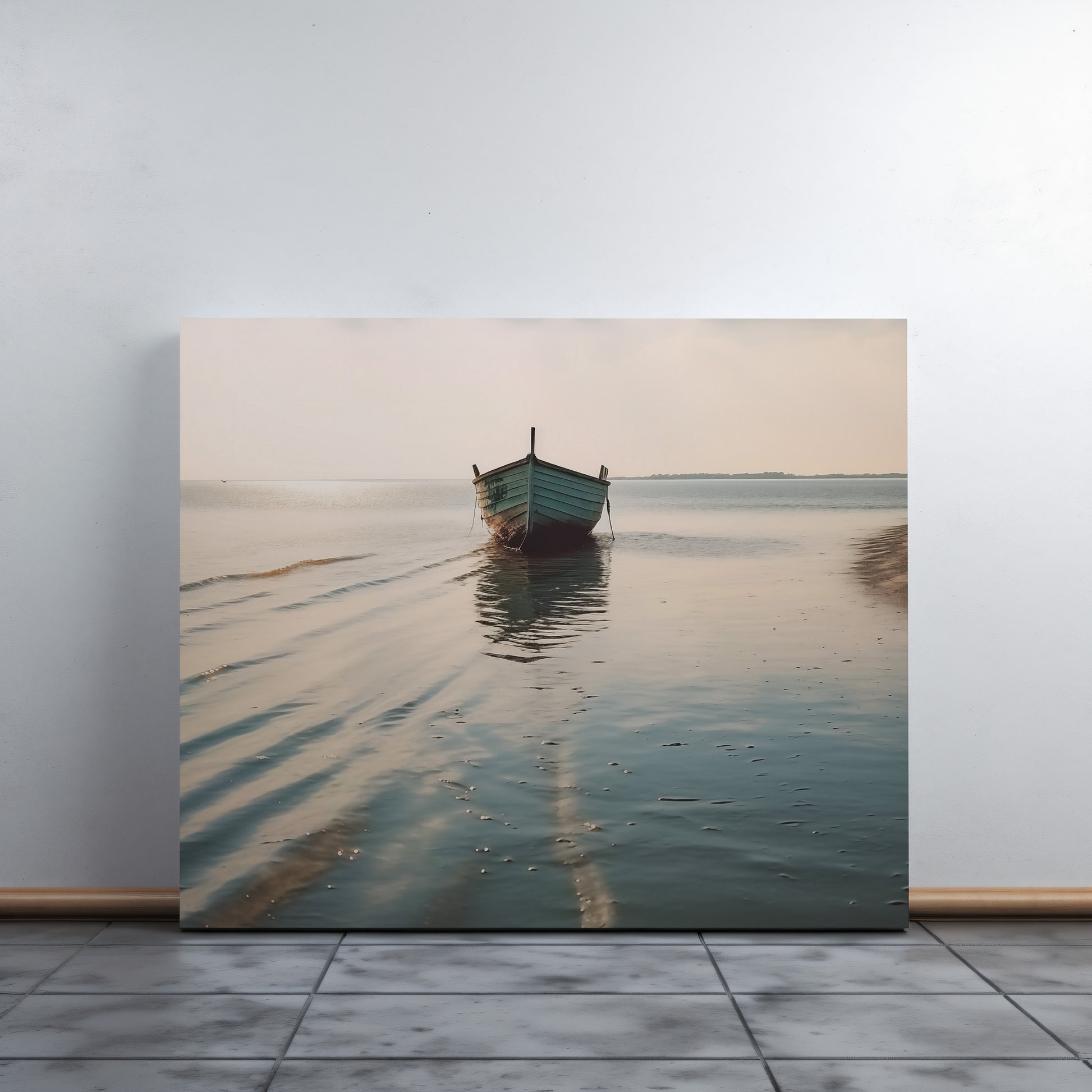Awaiting Departure Abandoned Weathered Boat Beach Subdued Photorealism Horizontal Canvas in Living room setting