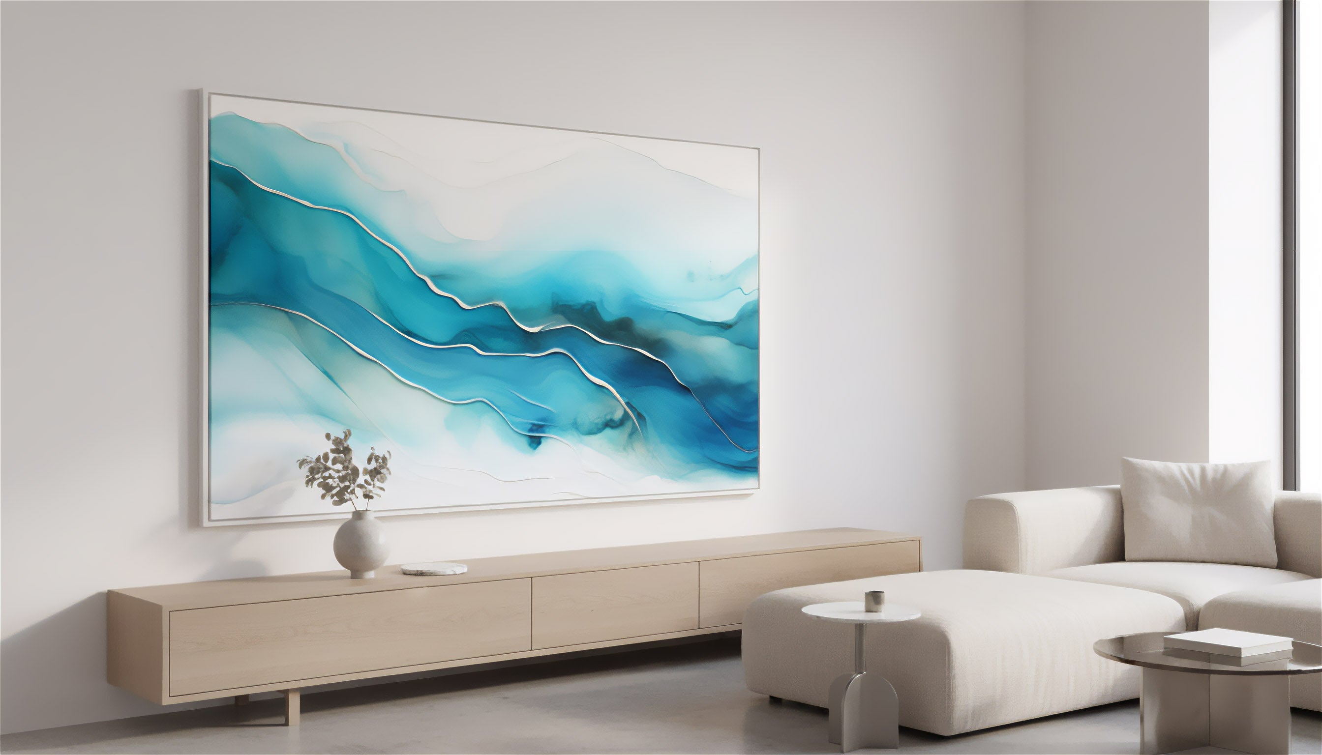 Azure Currents Alcohol Ink - Fluid Art Minimal Abstract Custom Wall Art Print in Contemporary Living Room Setting