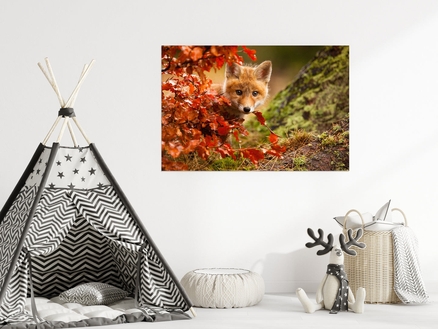 Woodland Theme Nursery Wall Decor: Peek-A-Boo Baby Fox Pup And Fall Leaves - Animal / Wildlife / Nature Photograph / Loose / Frameable / Frameless / Unframed Wall Art Print Artwork - Wall Decor