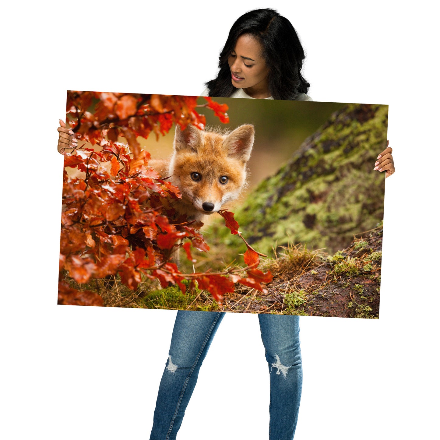 Nursery Woodland Art: Peek-A-Boo Baby Fox Pup And Fall Leaves - Animal / Wildlife / Nature Photograph / Loose / Frameable / Frameless / Unframed Wall Art Print Artwork - Wall Decor