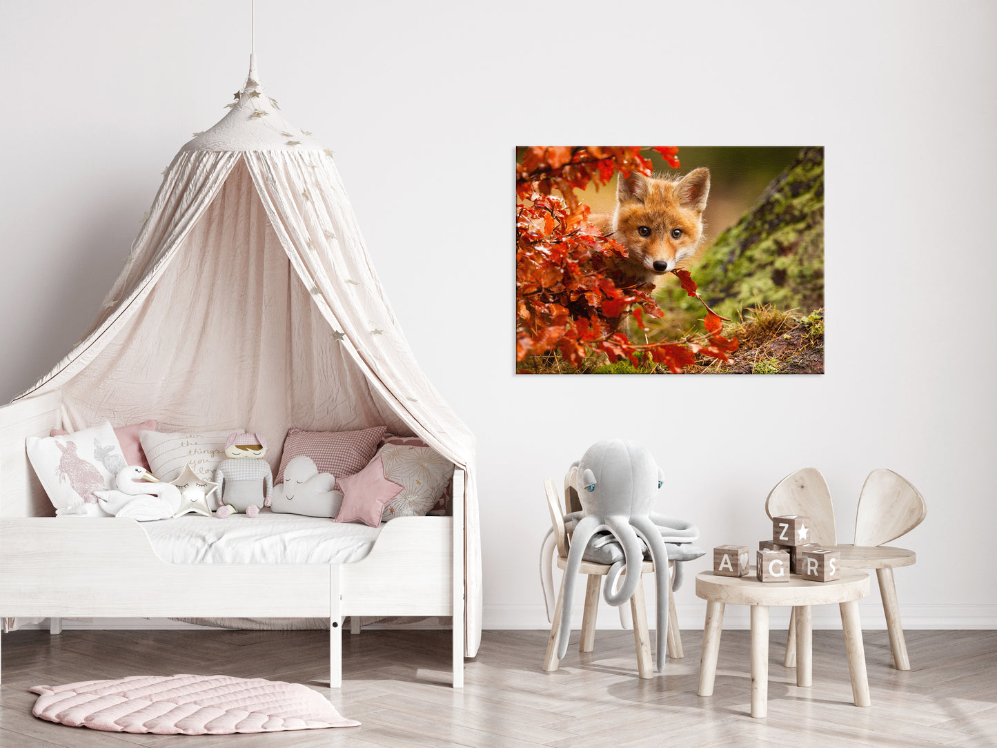Nursery Canvas Wall Art: Peek-A-Boo Baby Fox Pup And Fall Leaves - Animal / Wildlife / Nature Photograph Canvas Artwork - Wall Decor