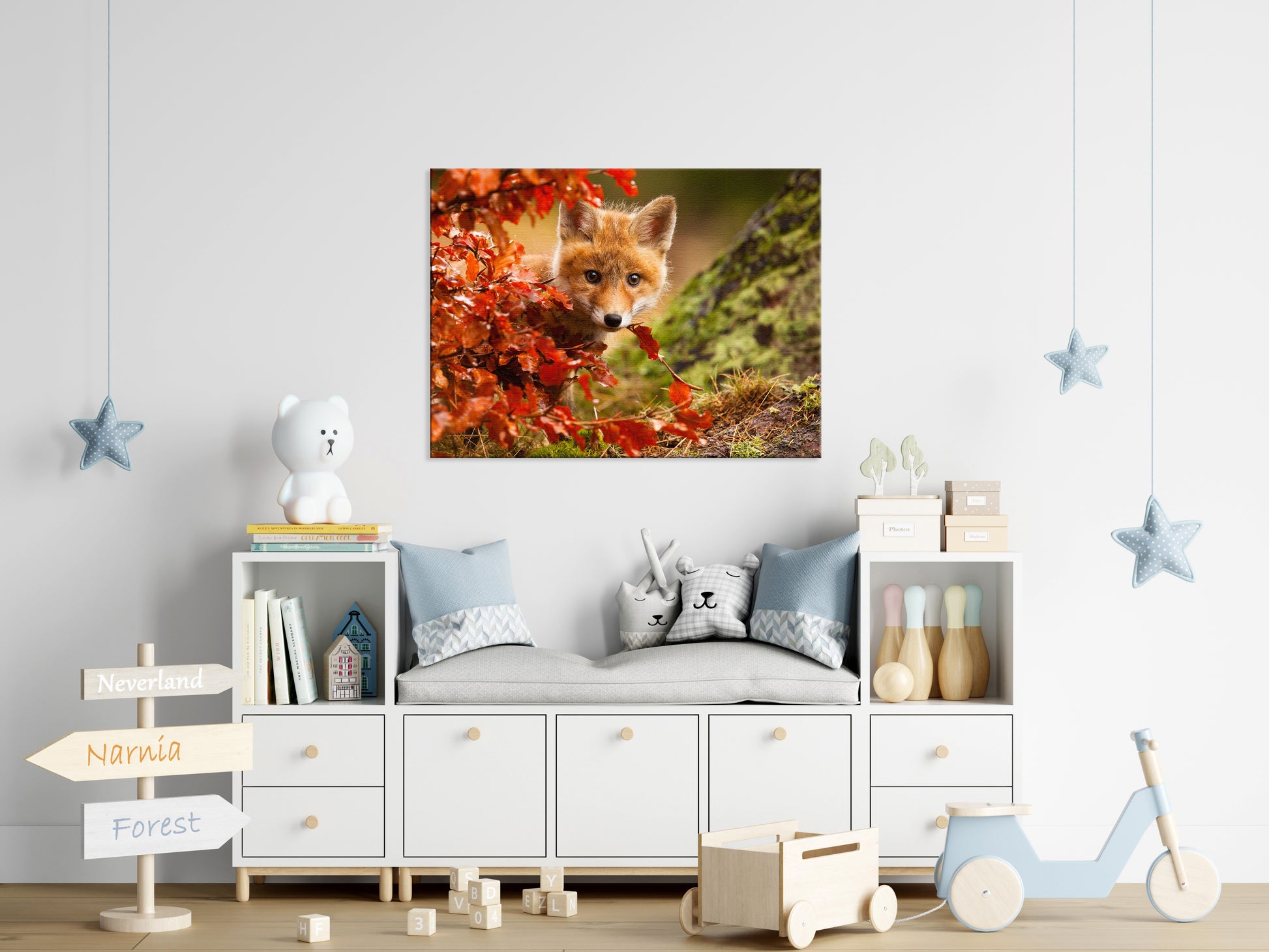 Canvas Nursery Wall Art: Peek-A-Boo Baby Fox Pup And Fall Leaves - Animal / Wildlife / Nature Photograph Canvas Artwork - Wall Decor
