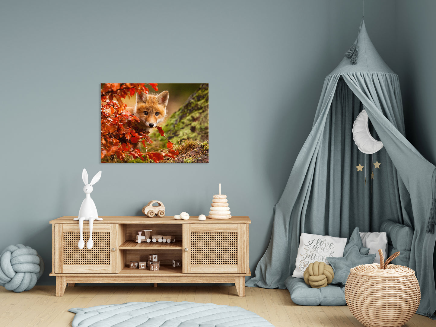 Nursery Canvas: Peek-A-Boo Baby Fox Pup And Fall Leaves - Animal / Wildlife / Nature Photograph Canvas Artwork - Wall Decor