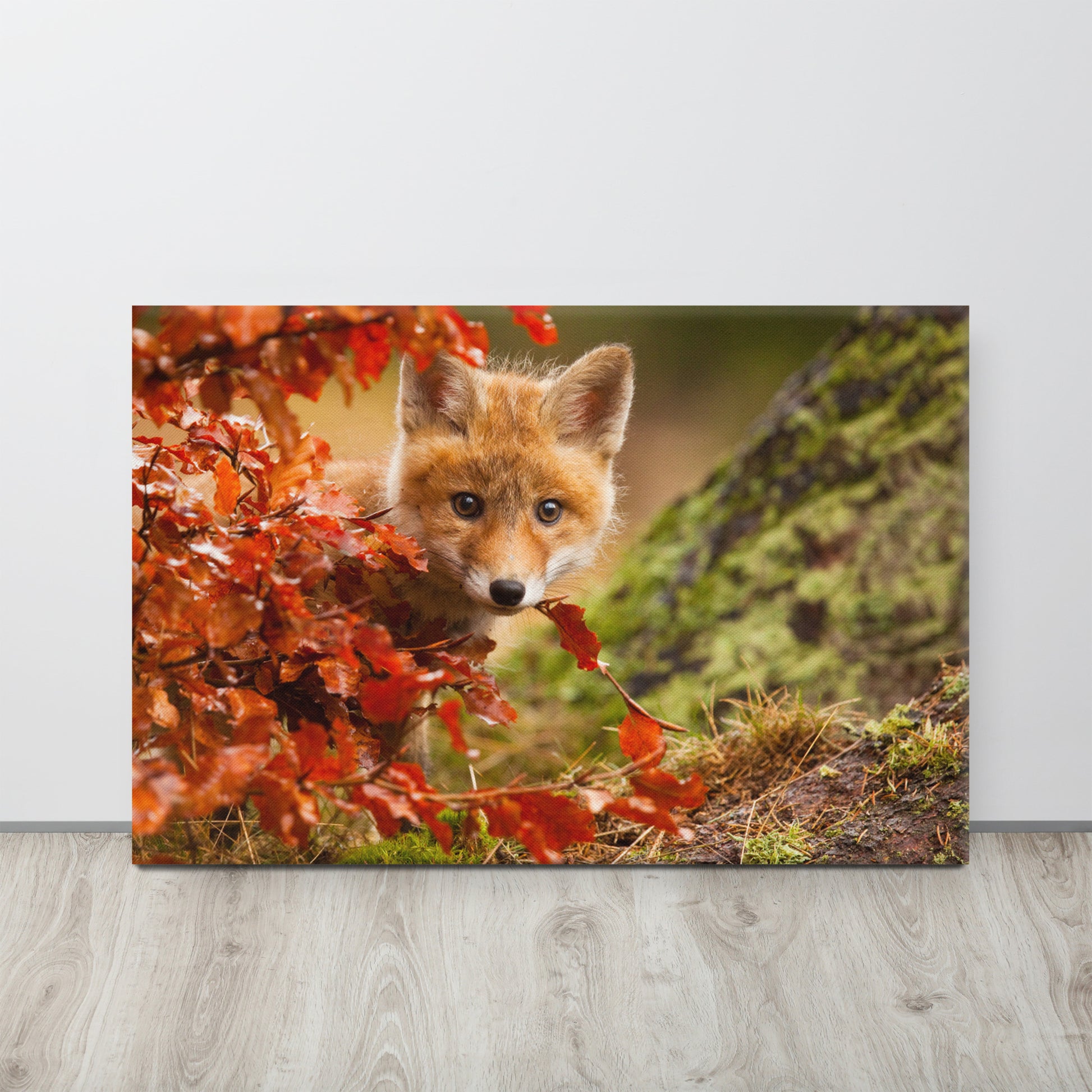 Nursery Canvas Prints: Peek-A-Boo Baby Fox Pup And Fall Leaves - Animal / Wildlife / Nature Photograph Canvas Artwork - Wall Decor